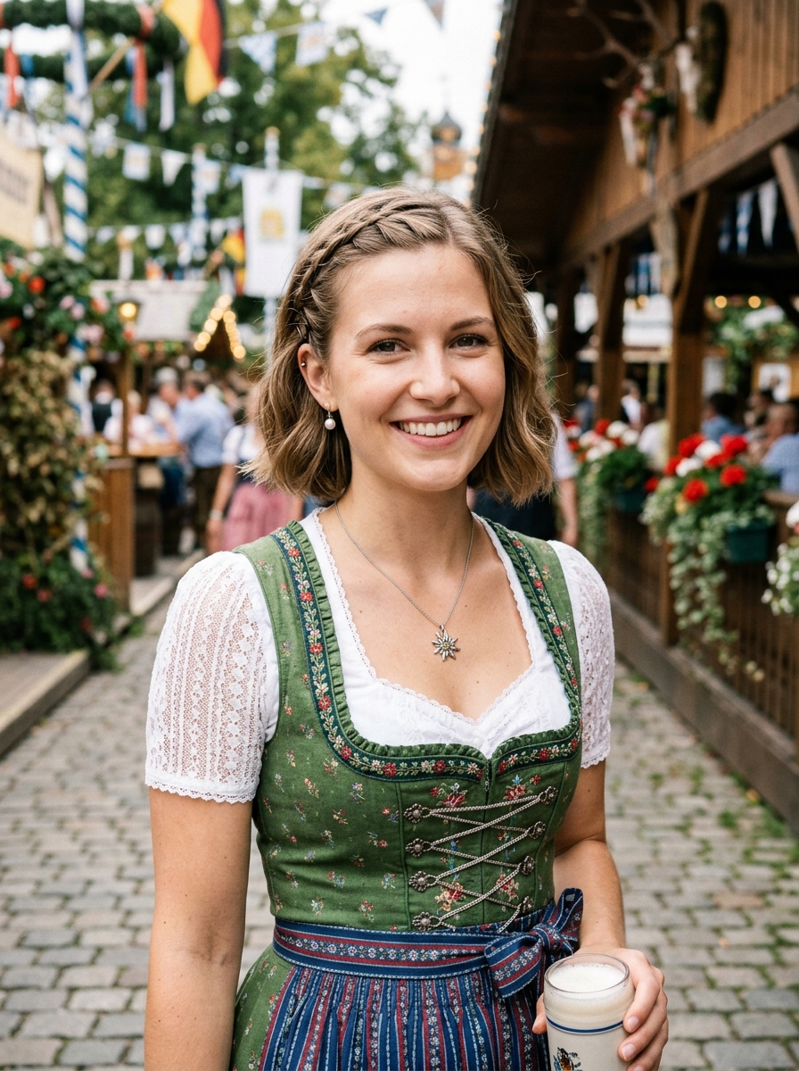 Kurzer Bob mit geflochtenem Seitenteil als Dirndlfrisur Inspiration 2026